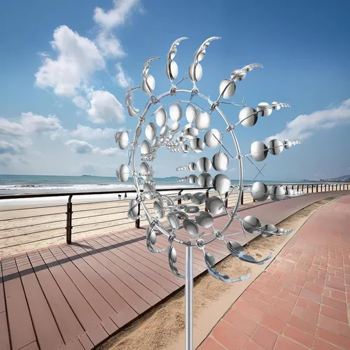 Vista 7 de Molino de viento metálico único y mágico, 2 hilanderos de viento, escultura cinética alimentada por viento 3D, molinos de viento de acero
