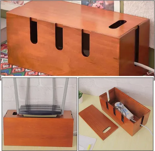 Vista 4 de Ipetboom Wooden Cord Organizer Box with Lid, Large Cable Management Box for Home Office, Dustproof Wire Storage Organizer for Desk and Electronics