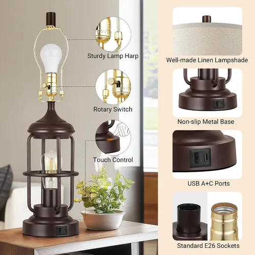 Vista 5 de Qimh Juego de 2 lámparas de mesa para dormitorio con puertos USB A+C, lámpara de mesita de estilo granja con luz nocturna, control táctil regulable