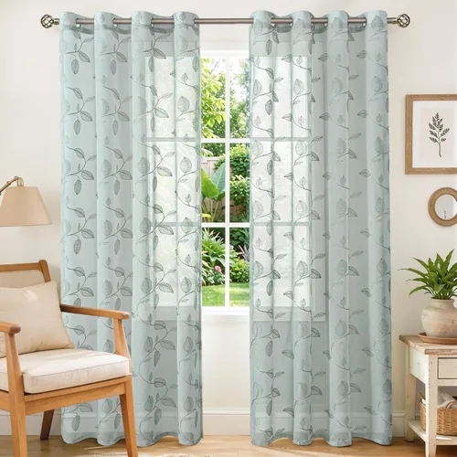 Vista 15 de BGment - Cortinas traslúcidas blancas de 84 pulgadas de largo, 2 paneles - Cortinas semitraslúcidas bordadas con patrón de hojas, cortinas con Hoja