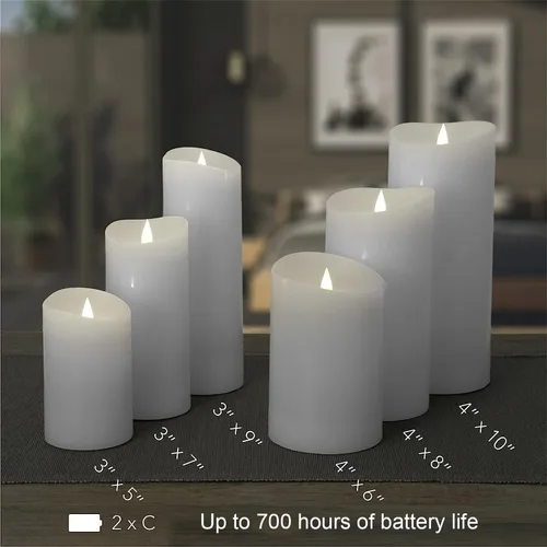 Vista 9 de Juego de velas sin llama Softflame - 5,7 cm x 10,7 cm, blanco, set de 2 - Vela de pilar con llama parpadeante y en movimiento, incluye control