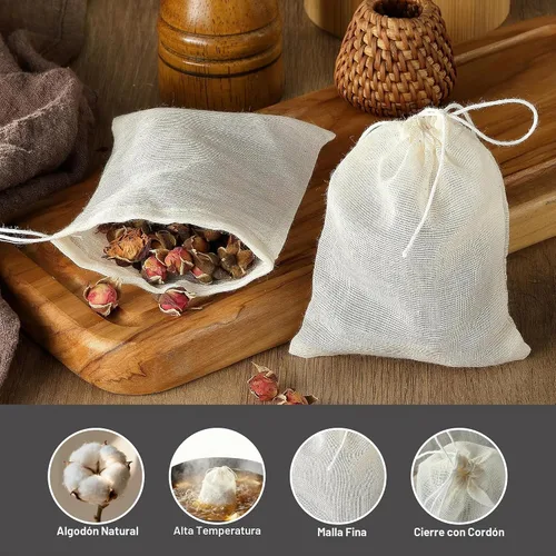 Vista 3 de 20 bolsas de té reutilizables, bolsas vacías de muselina con cordón, bolsas de especias para cocinar, té suelto, hierbas, algodón natural
