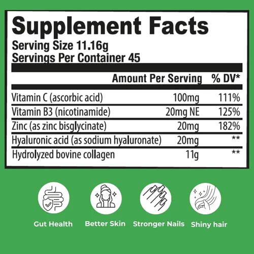 Vista 2 de Polvo de péptidos de colágeno – Colágeno bovino hidrolizado con vitamina C, ácido hialurónico, zinc y B3 – Polvo de proteína tipo 1 y 3 sin sabor