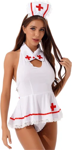 Vista 5 de YiZYiF Women's Adult Nurse Costumes Maid Lingerie Set Dress Sexy Role Play Outfit with Panties