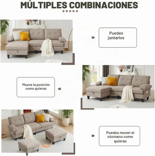 Vista 5 de Sofá modular convertible de 84 pulgadas, moderno sofá pequeño en forma de L de tela de lino con diván reversible, sofá de 3 asientos para sala