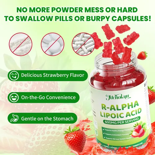 Vista 6 de R Gomitas de ácido alfa lipoico, ácido R-alfa lipoico estabilizado, suplemento ALA para apoyo antioxidante y metabolismo, veganas, sin OMG, sin