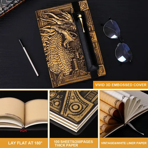 Vista 4 de DND Cuaderno de Dragón Diario de Cuero en Relieve 3D A5 Diario de Viaje Vintage con Bolígrafo y Funda para Bolígrafo, D&D Diario Diario Hecho a Mano