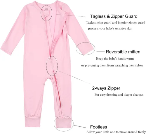 Vista 3 de Aablexema Pijama sin pies para bebé con puños de manopla, de bambú, con cremallera de 2 vías, manga larga, mameluco de una pieza para dormir