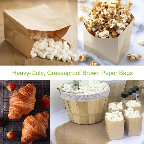 Vista 5 de Pequeñas bolsas de papel marrón para aperitivos, paquete de 100, bolsas de papel kraft a prueba de grasa, reciclables y biodegradables, pequeños