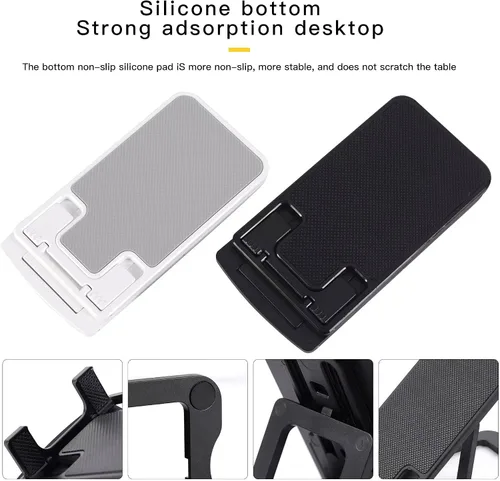Vista 4 de Soporte para teléfono celular y tablet para escritorio, delgado y totalmente plegable con ángulo y altura ajustables, resistente y ligero
