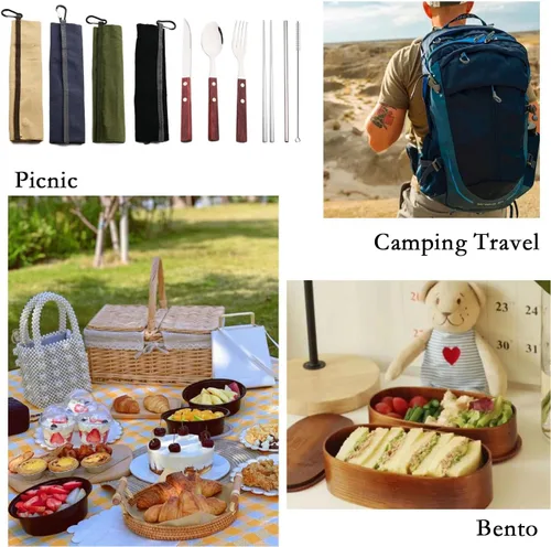 Vista 4 de JASHII Juego de cubiertos de acero inoxidable 304 con mango de madera, juego de cubiertos de madera para viaje, cuchillo de campamento, tenedor