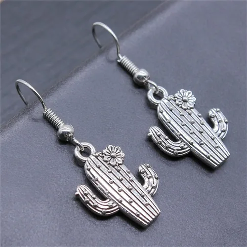 Vista 3 de MALOYANVE Aretes de cactus del desierto de plata antigua para mujeres y niñas, únicos, bohemios, vintage, occidental, tropical, desierto, cactus
