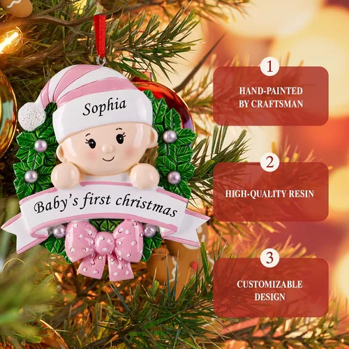 Vista 3 de Adorno Personalizado de Primera Navidad para Niña 2024 - Adorno de Primera Navidad de Resina para Niñas, Regalos Personalizados para Recién Nacidas
