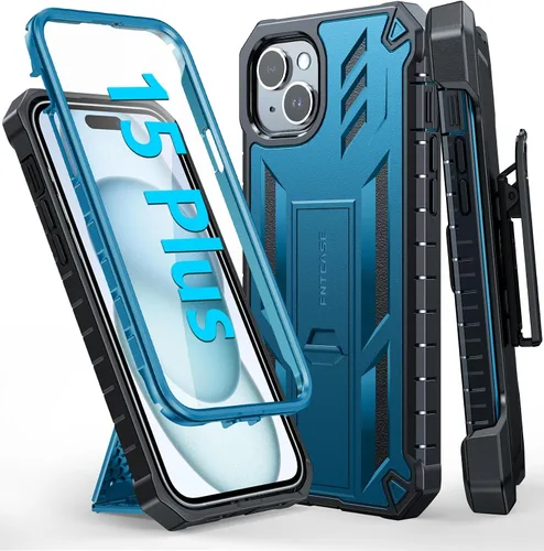 Vista 10 de FNTCASE Funda para iPhone 15 Plus: protección contra caídas Funda resistente con clip para cinturón y soporte de grado militar con textura mate TPU