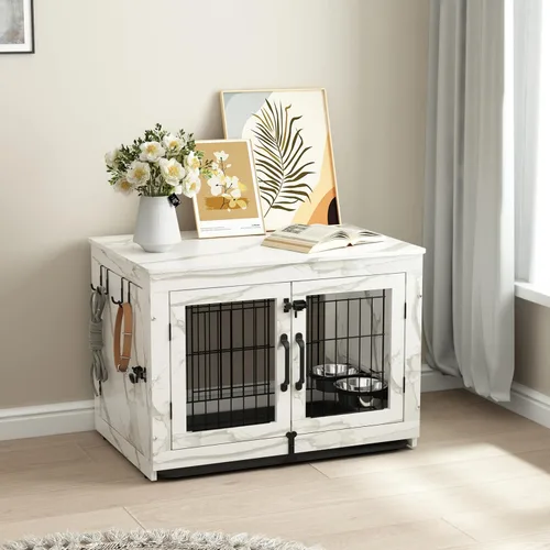 Vista 6 de Piskyet Mueble de Jaula para Perros de Madera con Cuencos para Perros Giratorios Extraíbles de 360°, Mesa Auxiliar de Jaula para Perros con Bandeja