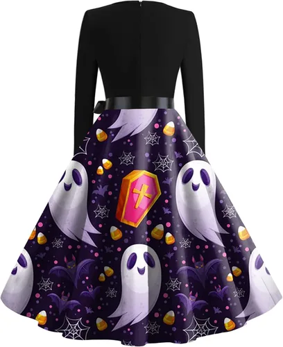 Vista 2 de Vestido de manga larga con estampado de Halloween para mujer, de otoño, a la moda, casual, tallas S-2XL