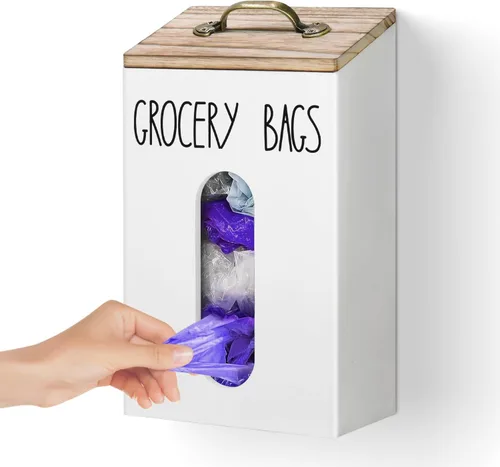 Vista 9 de Soporte para bolsas de comestibles de granja para cocina, soporte de bolsa de plástico de madera para reciclar bolsas de plástico, dispensador