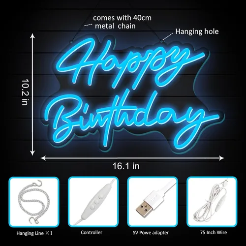 Vista 5 de Letrero de neón de feliz cumpleaños, reutilizable, luz LED azul de neón, decoración de fiesta de cumpleaños, funciona con USB, decorativo para telón
