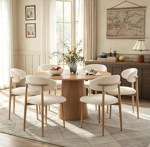 Vista 10 de Black Round Dining Table Set for 4, 47 In Kitchen Table with 4 Fabric Chair Farmhouse Circle Dinner Table with Heavy Duty Pedestal, Beige