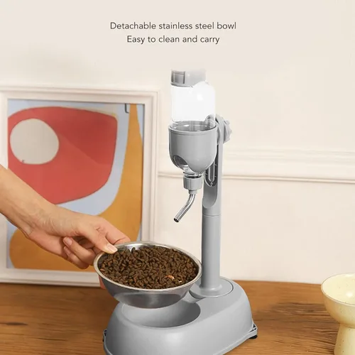Vista 6 de Dispensador de agua para mascotas, cuenco dispensador de agua para mascotas, 2 en 1, 16.9 fl oz, multifuncional, altura desmontable con soporte