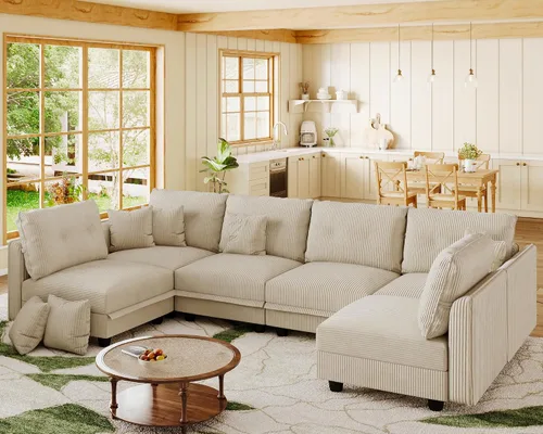 Vista 13 de LLappuil Sofá Seccional Modular con Asientos de Almacenamiento, Sofá Modular Convertible de Pana Chaise para Sala de Estar, Sofás de 5 Plazas con 3