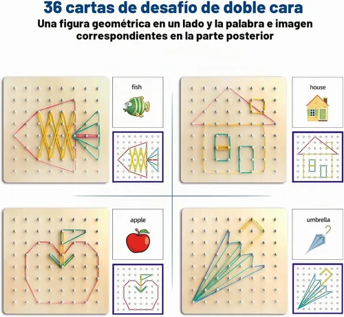 Vista 2 de Thoth Tablero geométrico de madera Montessori, material matemático para manipular, bloques de arreglo con 36 tarjetas de patrones y bandas de goma