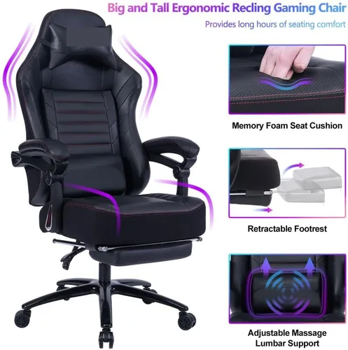 Vista 3 de Silla ergonómica para juegos con soporte lumbar de masaje y reposapiés retráctil, respaldo alto, estilo carreras, silla de computadora de oficina