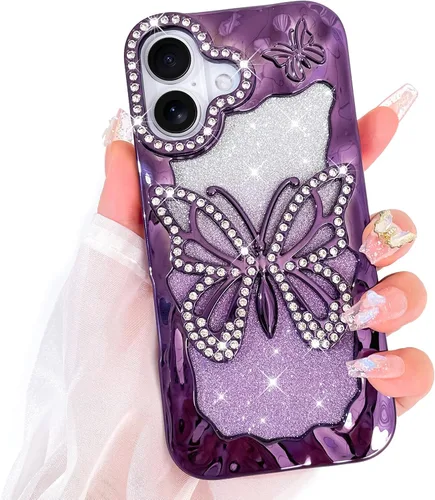 Vista 34 de Bonoma Funda con purpurina para iPhone 13 Pro Max, bonita funda 3D con patrón de chapado en degradado de mariposa de diamante, protección de cámara