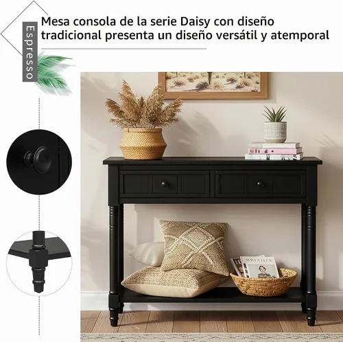 Vista 6 de P PURLOVE Mesa de consola Aparador Mesa de sofá de madera con 2 cajones y estante inferior (negro)