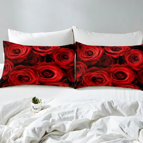 Vista 5 de Juego de sábanas de rosas rojas, tamaño individual, juego de sábanas florales de color rojo degradado y negro para niñas, mujeres, niños