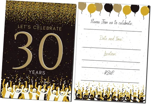 Vista 6 de Elcer Invitaciones para fiesta de cumpleaños número 30 Celebración de 30 años Feliz aniversario 5 x 7 Negro y dorado Estilo de relleno