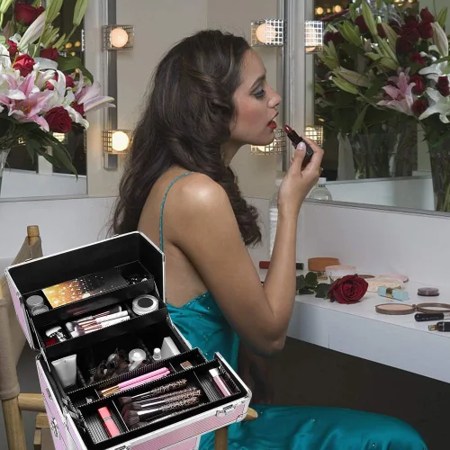 Vista 8 de Karl home Estuche de tren de maquillaje 3 en 1, carrito de cosméticos rodante, organizador de viaje de gran capacidad con llave ruedas giratorias