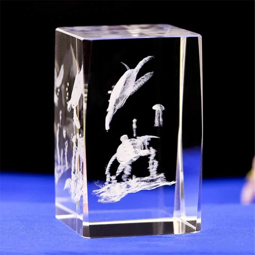 Vista 3 de Figura de tortuga marina de cristal de cristal, adorno grabado con láser 3D, escultura y estatua, grabado en cubo de cristal de animal con caja
