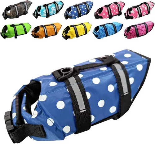 Vista 14 de Chaleco salvavidas para perros de fácil ajuste con cinturón ajustable para proteger las mascotas, traje de baño de seguridad para nadar con rayas