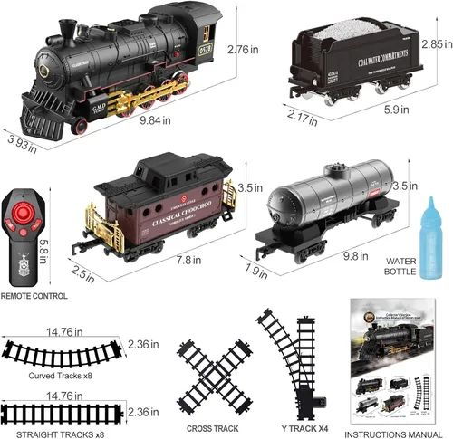 Vista 7 de Hot Bee Juego de tren para niños, juguetes de tren de aleación a control remoto con locomotora de vapor, vagones de carga, vías, trenes con luces