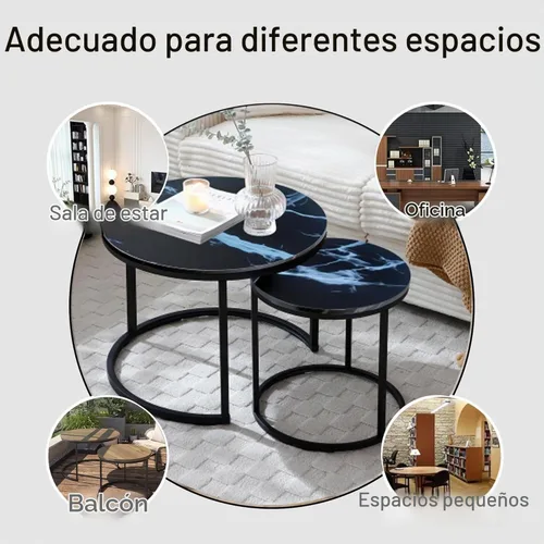 Vista 6 de Juego de 2 mesas auxiliares redondas pequeñas para sala de estar, mármol sintético de grano de madera, mesa auxiliar apilable moderna con marco