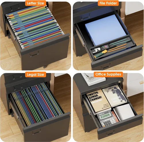 Vista 4 de Archivador de metal de 3 cajones con ruedas, archivador rodante debajo del escritorio para tamaño A4/carta/legal, archivador móvil con cerradura
