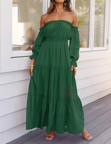 Vista 70 de ZESICA - Vestido largo, bohemio y sexy, con hombros descubiertos y manga larga fruncida, con elástico fruncido, cintura alta y abertura lateral