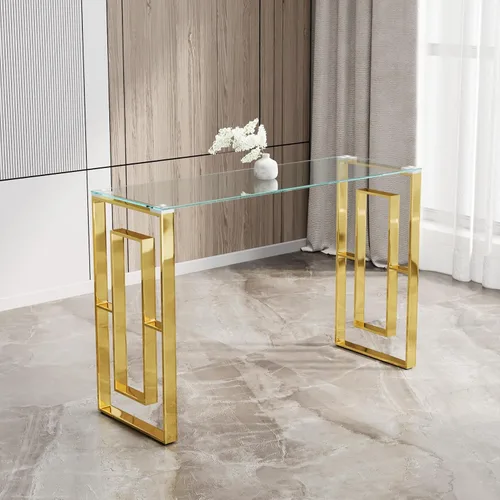 Vista 13 de SSLine Mesa consola moderna de lujo, mesa rectangular de cristal para entrada de pasillo, sala de estar, almacenamiento de 2 niveles, diseño