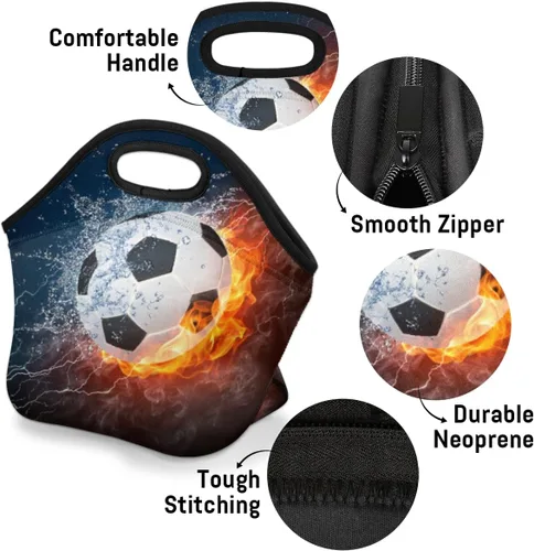 Vista 4 de Bolsas de almuerzo de neopreno con balón de fútbol en fuego de hielo para mujeres, bolsas de almuerzo, lavables, aisladas, para el trabajo, picnic