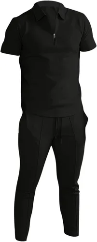 Vista 2 de Conjunto casual de 2 piezas para hombre, camisa polo de manga corta y pantalón, conjunto deportivo de playa y verano, elegante traje deportivo