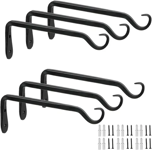 Vista 9 de Worth Garden - Paquete de 6 soportes de ménsula para colgar plantas de 10 pulgadas, gancho de pared de hierro forjado con recubrimiento de polvo