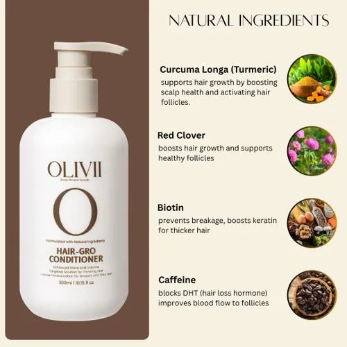 Vista 6 de Olivii Hair-Gro Acondicionador para cabello más grueso y completo, crecimiento del cabello con cúrcuma, trébol rojo, biotina y cafeína, reduce