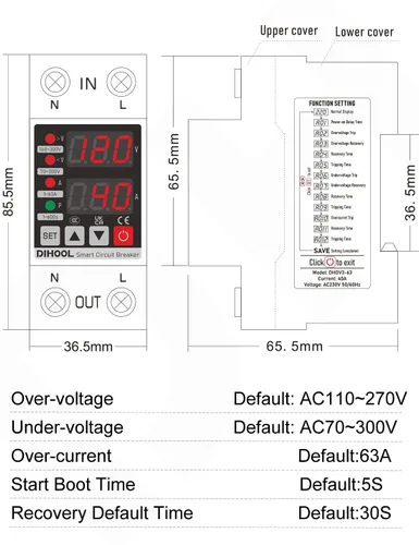 Vista 5 de DIHOOL Protector de voltaje ajustable 110V 220V, corte de bajo/alto voltaje y protección contra sobrecorriente, subvoltaje 70-200V, sobretensión