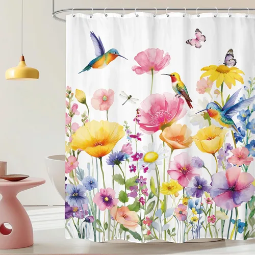 Vista 13 de Cortina de ducha floral gris y rosa de 72x72 pulgadas, flores de cerezo en rosa polvoriento y flores llorosas en primavera, tela impermeable