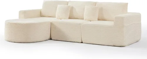 Vista 9 de Korser Sofá modular en forma de L de 110 pulgadas con diván, sofá modular de pana esponjosa con asiento profundo y bolsillos laterales, cómodos Beige