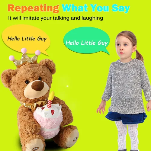 Vista 2 de Marsjoy Oso de peluche musical de feliz cumpleaños con magdalena brillante, juguete de peluche animado que canta, baila, habla, repite lo que dices