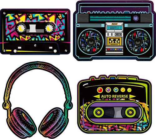 Vista 7 de Outus 12 Pieces 80's Cassette Tape Party Decorations Retro 80's Cutouts Large Cassette Player Cutouts Headphones Radio for 1970s Party Posters Decor