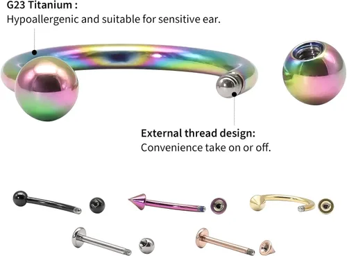 Vista 3 de BLISI G23 - Piercing de titanio para el cuerpo, joyería de 16G, anillos curvados para cejas, labios, nariz, tabique, herradura, cartílago, tragus