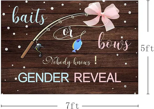 Vista 3 de MEHOFOND Fondo de fotos de 7 x 5 pies con texto en inglés "Nobody Knows Gender Reveal", tablero de madera rústica, mesa para tartas, decoración